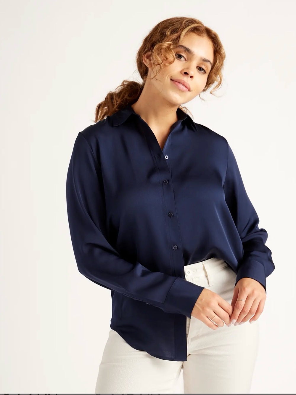 QUINCE • Washable Stretch Silk Blouse navy Small long sleeve